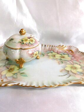 Hand Painted and Signed Vanity Tray and Covered Vanity Jar # 23678